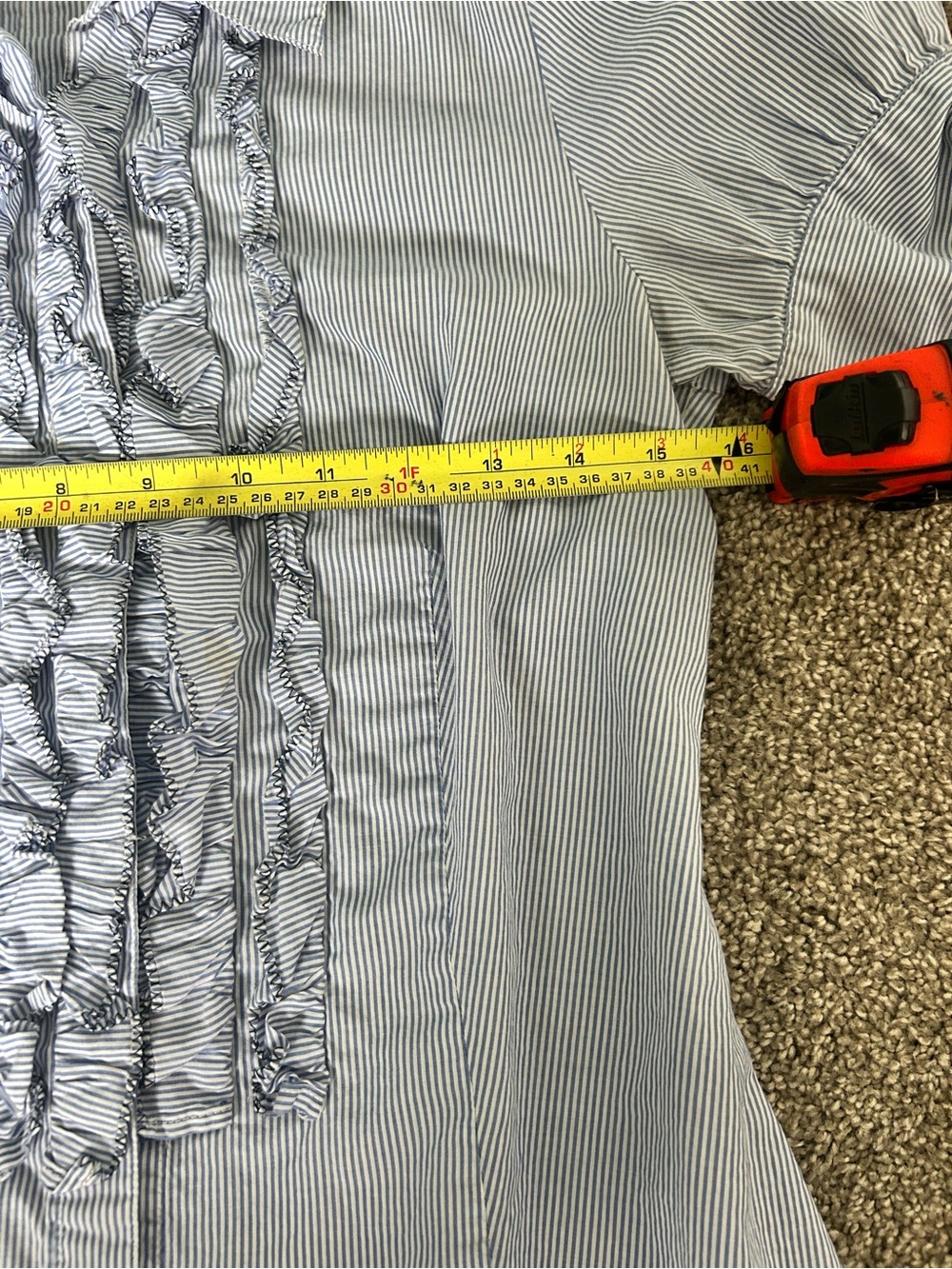 Blue Striped Ruffle-Front Short Sleeve Button-Down Shirt - Picture 4 of 5